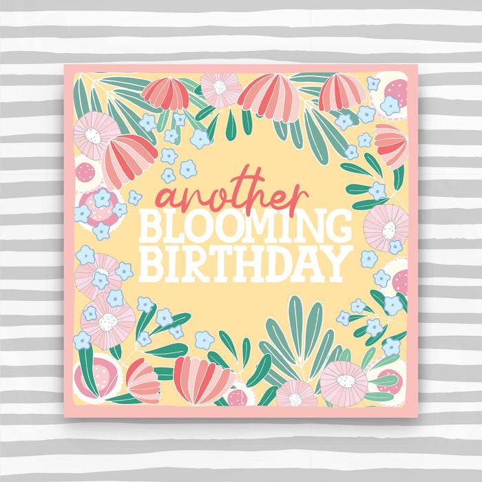 Another Blooming Birthday Card - Pink flowers on yellow background (CK11)