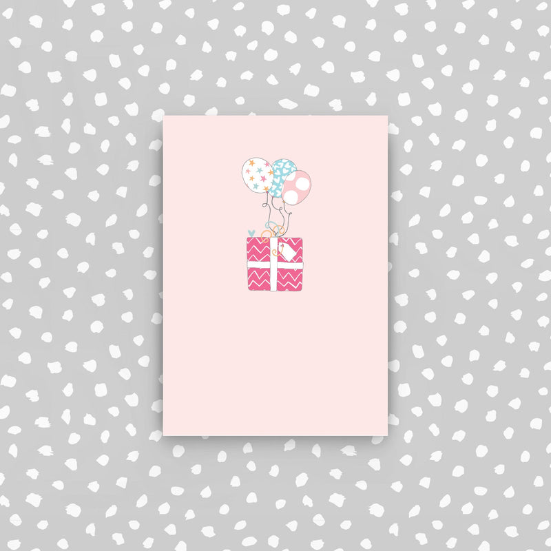 D34 - Pink present and balloon mini card