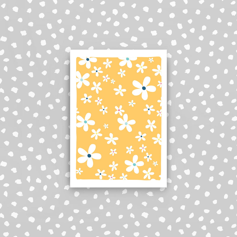 D46 - White flower patterns on yellow background mini card