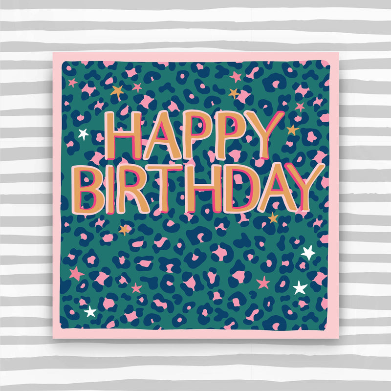 Happy Birthday - green blue leopard print  greeting card (HH63)