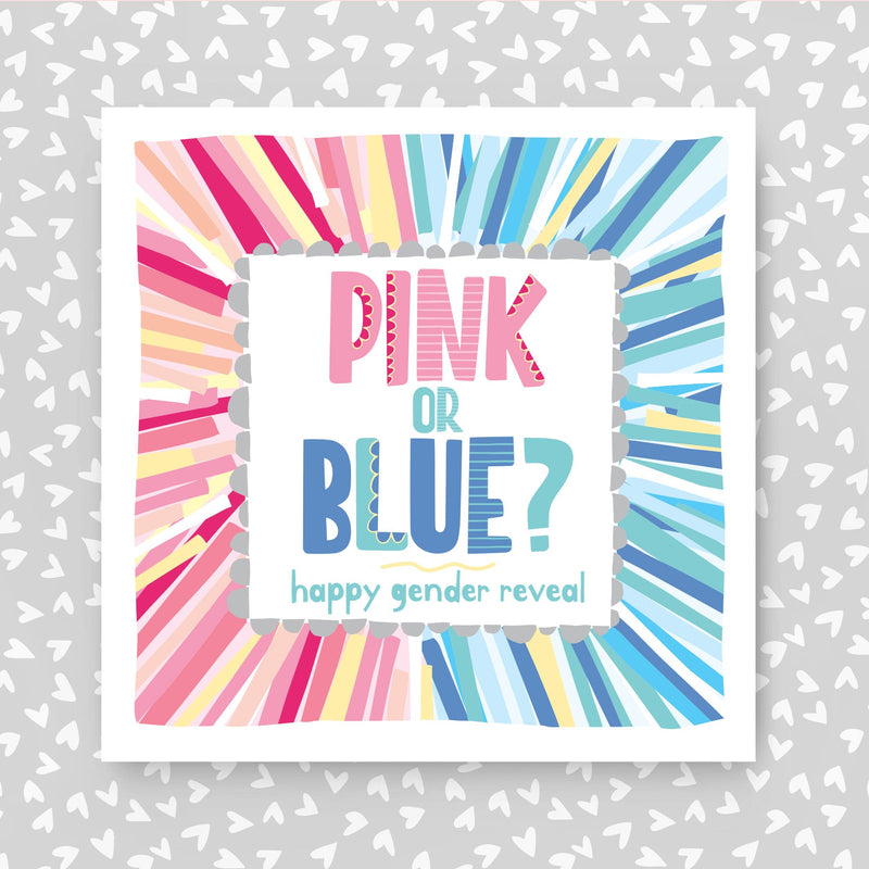 Baby gender reveal card with 'Pink or Blue?' text on a grey background with heart patterns