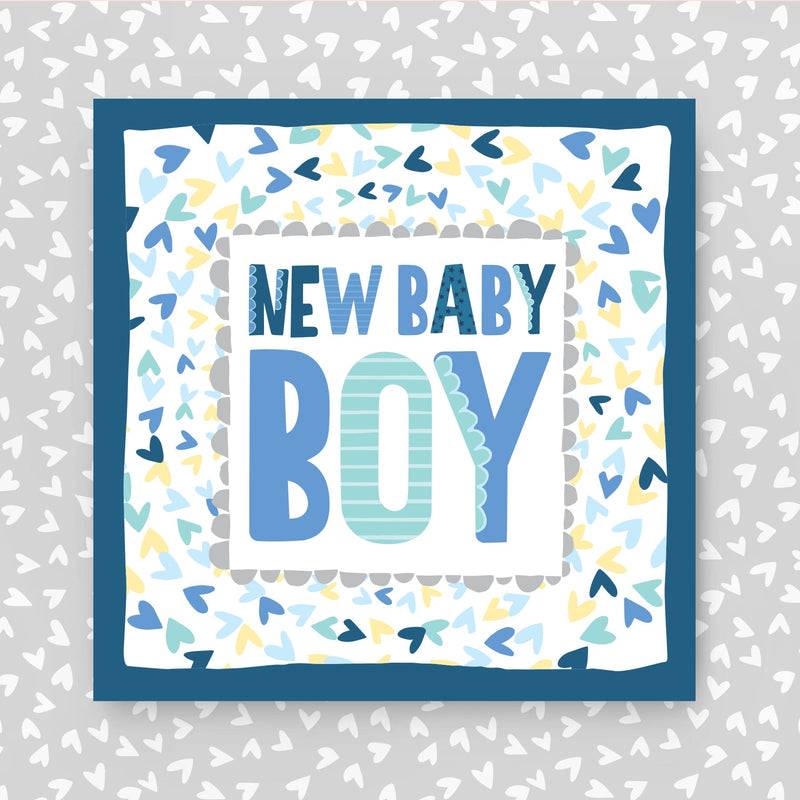 Card with 'NEW BABY BOY' text on a patterned background