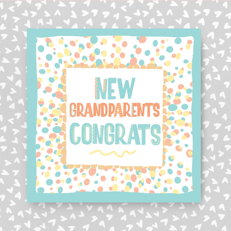 Greeting card with 'New Grandparents Congrats' text on a patterned background