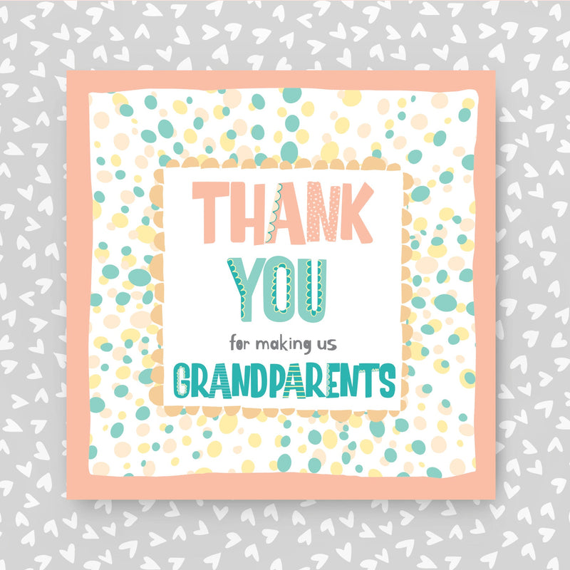 Card with 'Thank you for making us grandparents' text on a patterned background