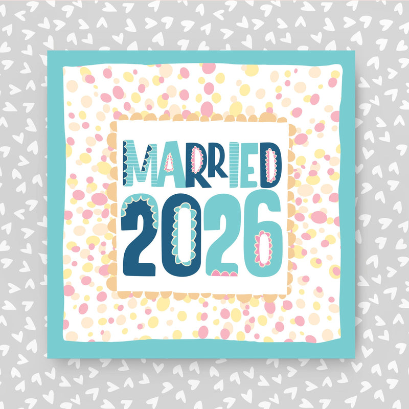 Wedding Card with 'MARRIED 2026' text on a patterned background
