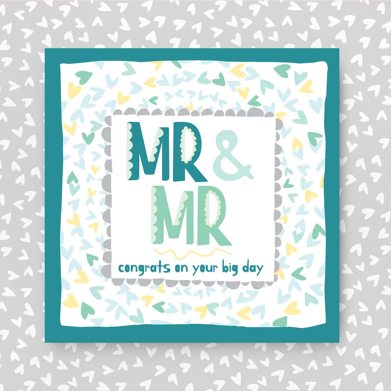 Card with 'MR & MR congrats on your big day' text on a patterned background. Perfect for same-sex couples on their Wedding Day.
