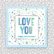 Card with 'Love You' and 'Happy Anniversary' text on a patterned background