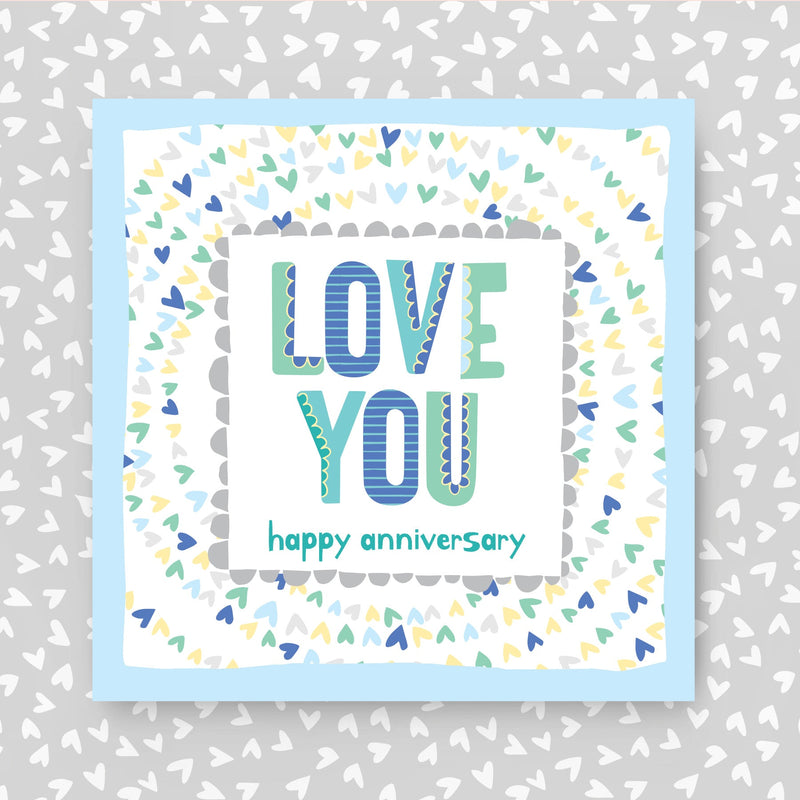 Card with 'Love You' and 'Happy Anniversary' text on a patterned background