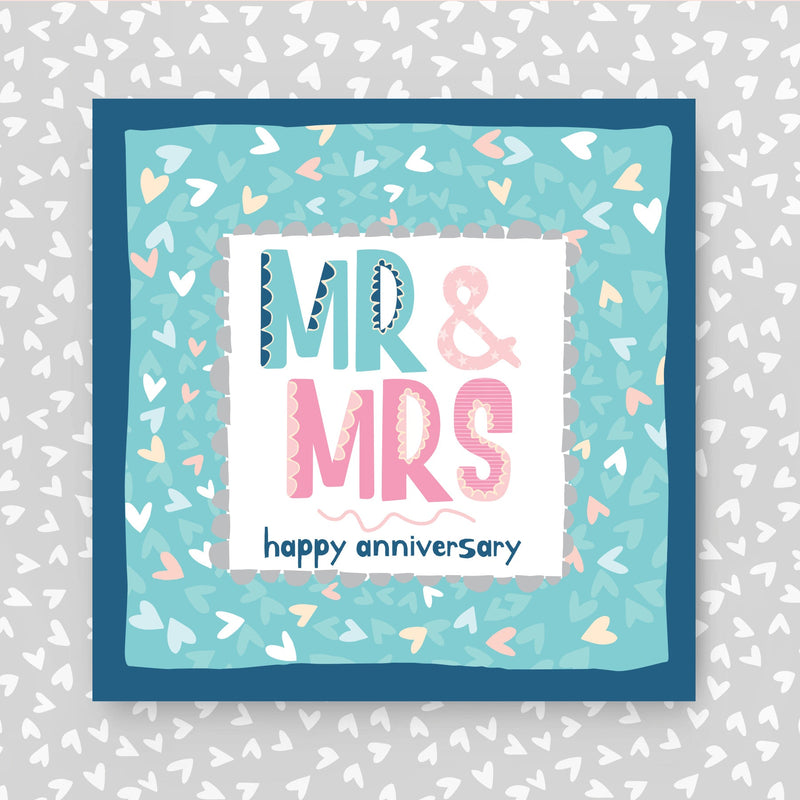Anniversary Card with 'Mr & Mrs' text on a patterned background