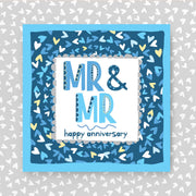 Greeting card with 'MR & MR happy anniversary'. Perfect for same-sex couples with text on a patterned background. 
