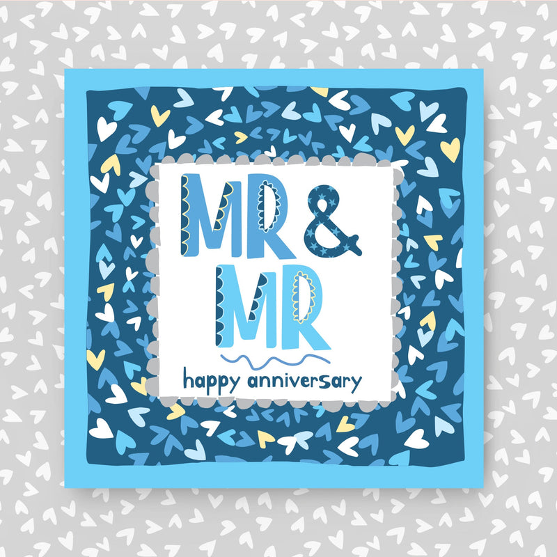 Greeting card with 'MR & MR happy anniversary'. Perfect for same-sex couples with text on a patterned background. 