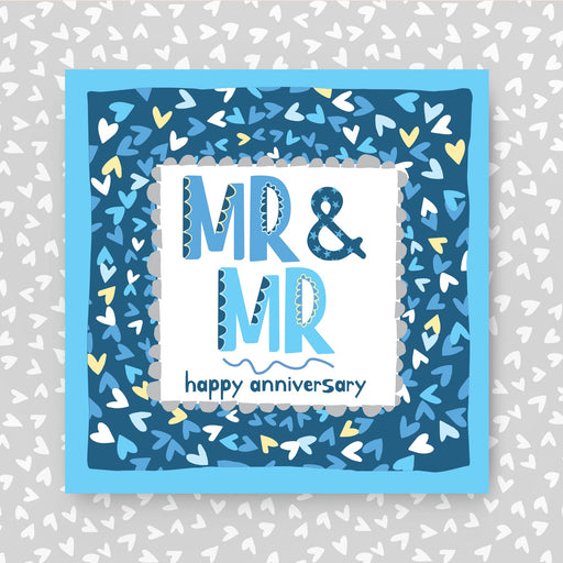 Greeting card with 'MR & MR happy anniversary'. Perfect for same-sex couples with text on a patterned background. 