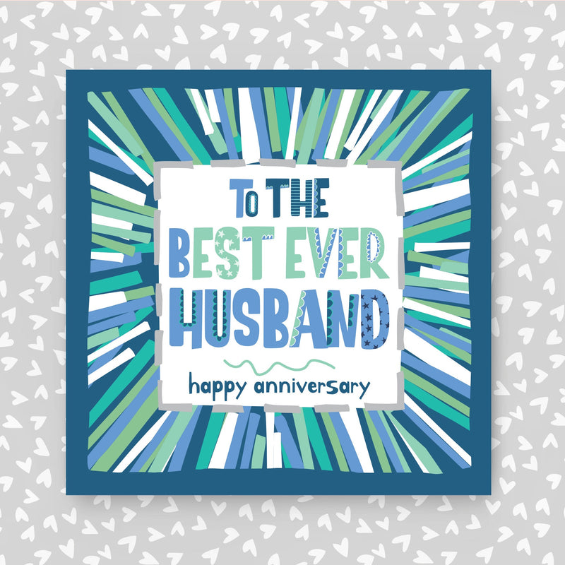 Greeting card for the best ever husband with colorful striped design on a grey background with heart patterns.