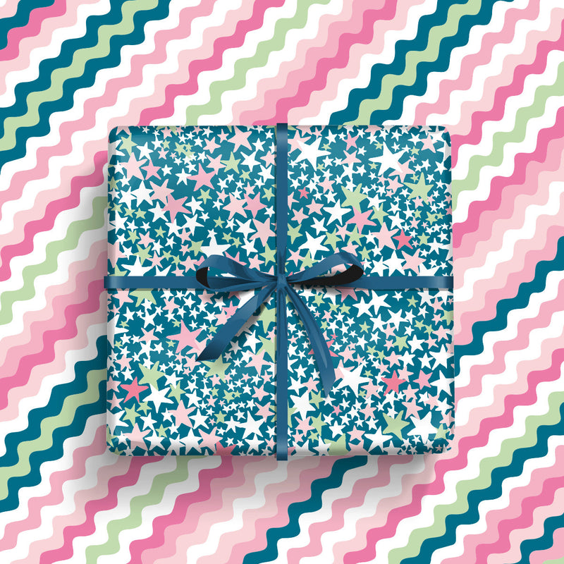 Gift Wrap - Pink & Green Stars (2 sheets - WR73)