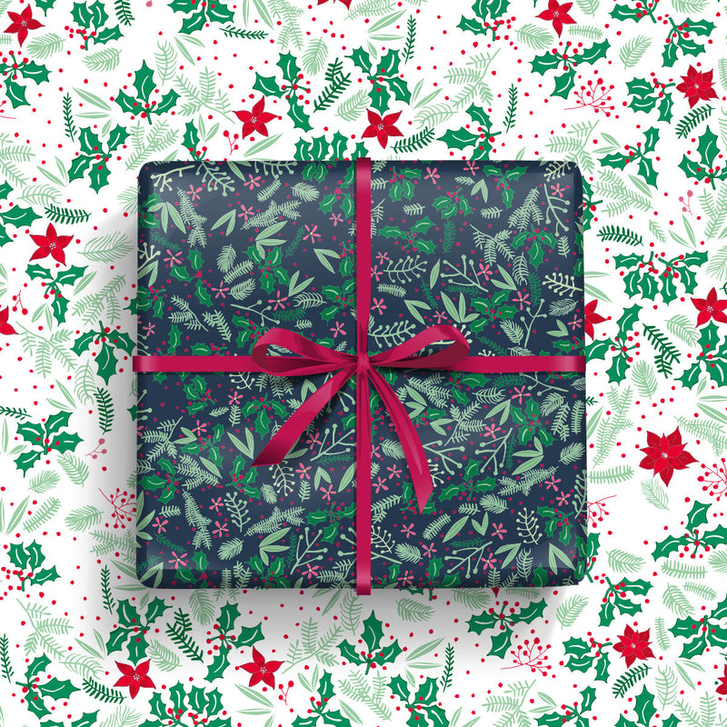 Christmas Gift Wrap - Holly pattern on a blue background (2 sheets - WR79)