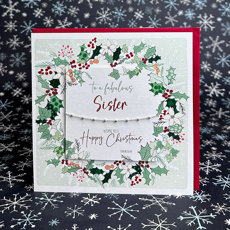Sister Christmas Card with Dainty 925 Sterling Silver Beaded Chain Bracelet